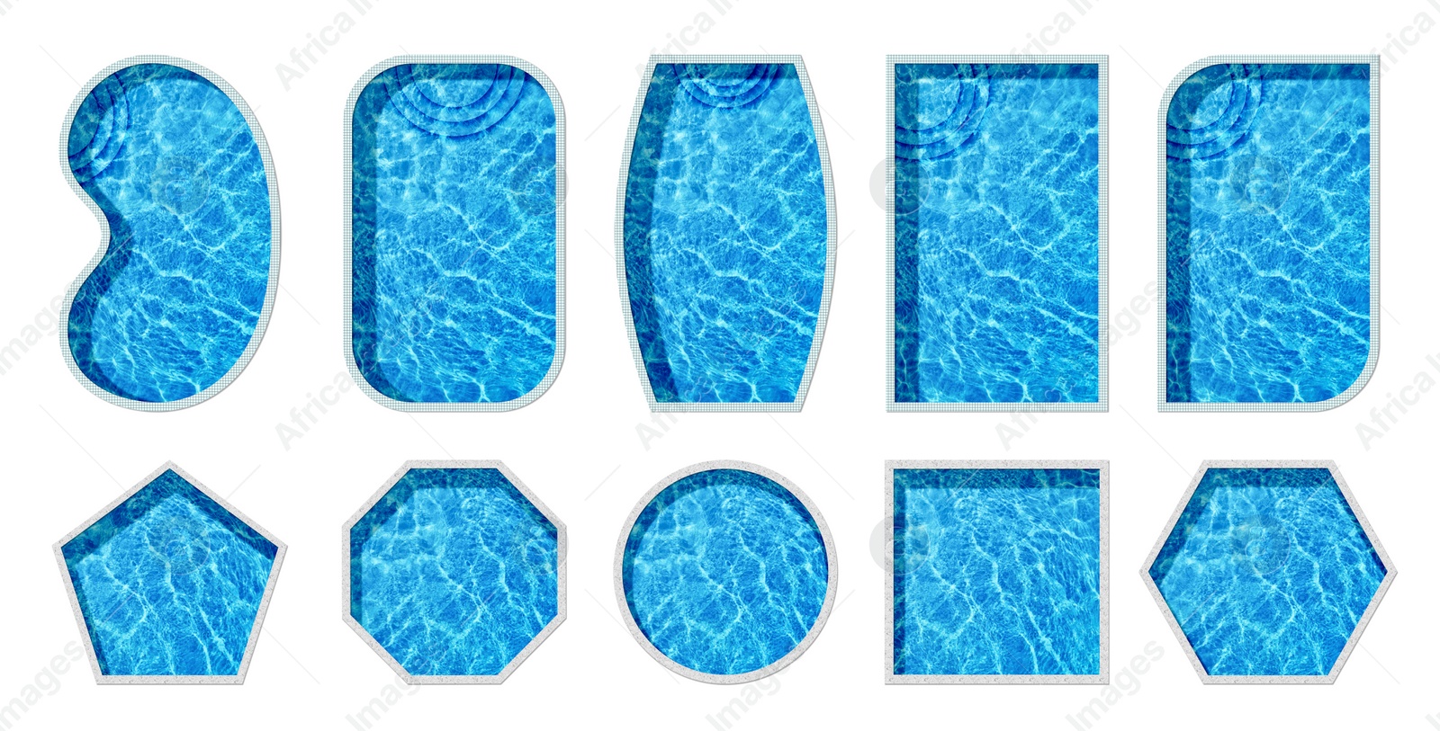 Image of Set with swimming pools of different shapes on white background, top view. Banner design