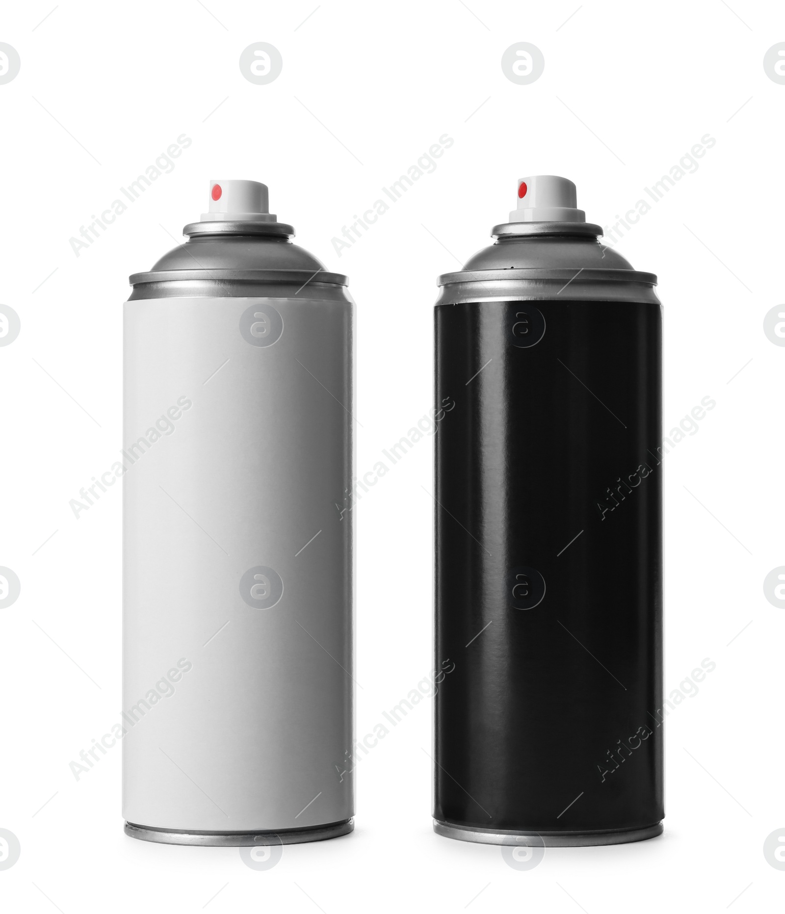 Photo of Cans of different spray paints on white background