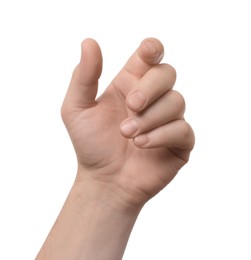 Photo of Man holding something in hand on white background, closeup