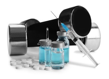 Photo of Different drugs and sports equipment on white background. Doping control