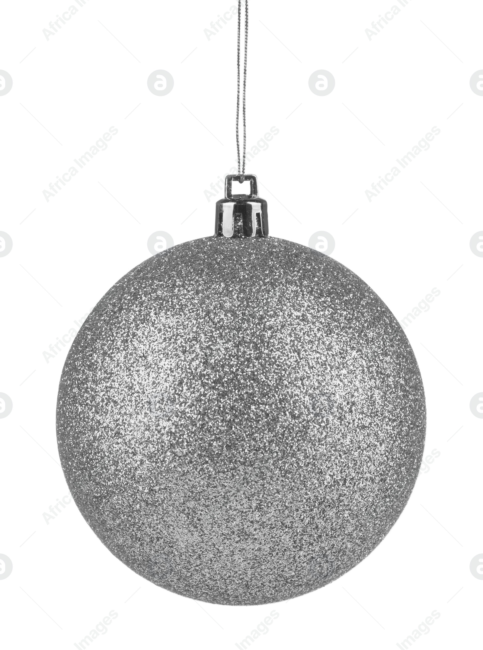 Image of Silver Christmas ball hanging on white background