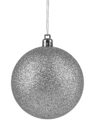 Image of Silver Christmas ball hanging on white background