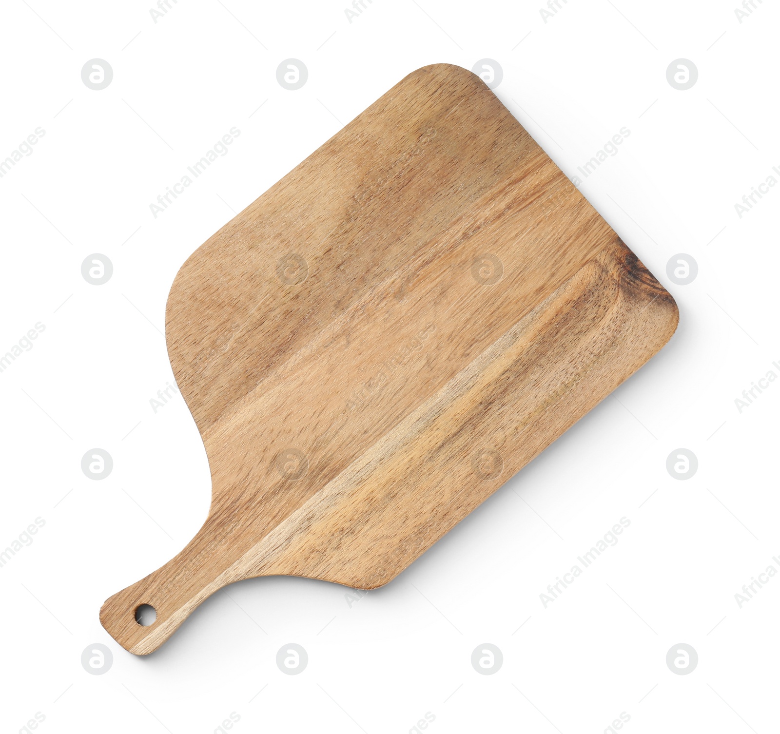 Photo of One wooden cutting board on white background, top view