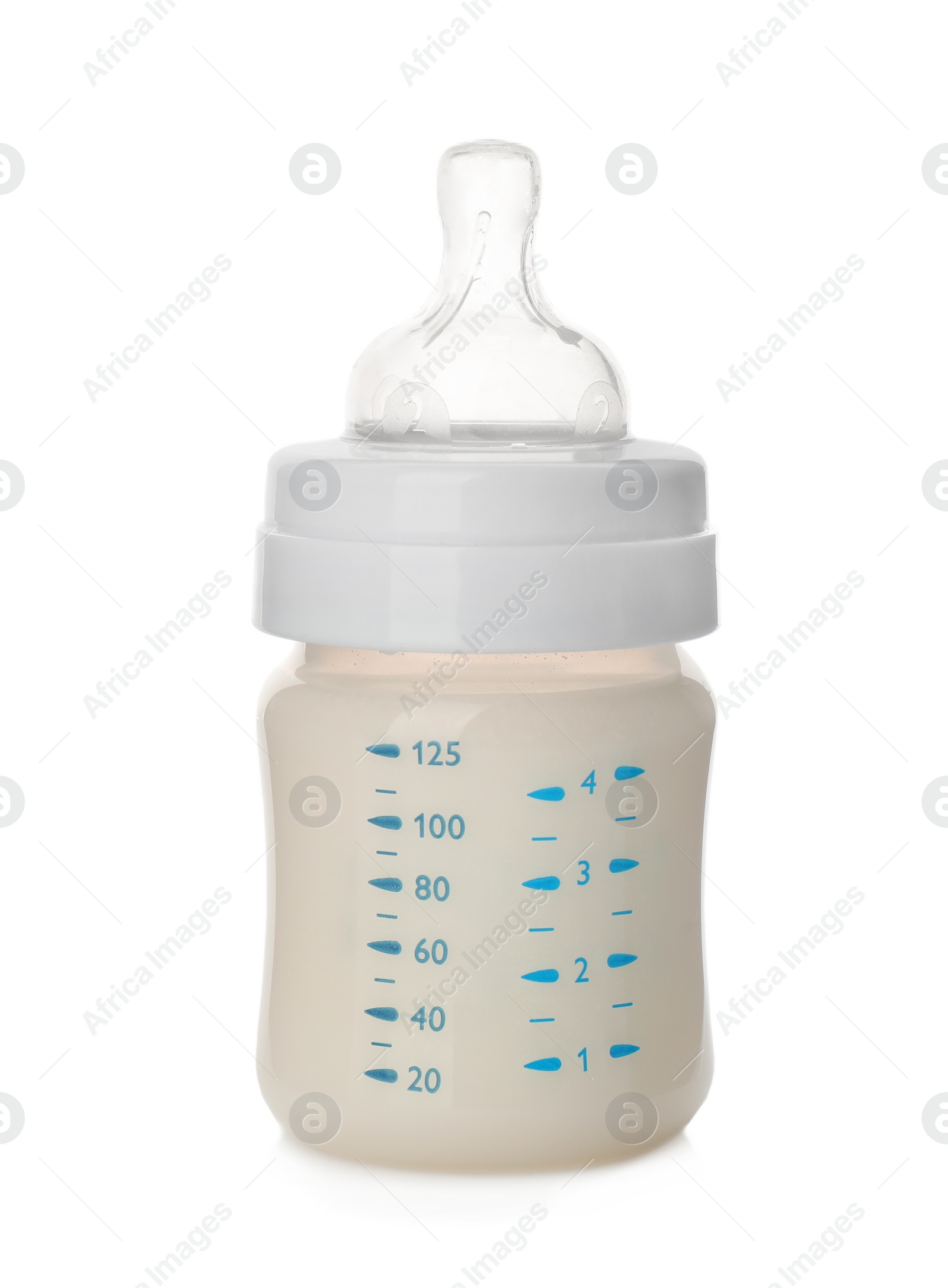 Photo of Feeding bottle with infant formula on white background. Baby milk