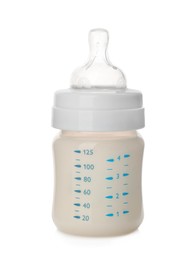 Photo of Feeding bottle with infant formula on white background. Baby milk