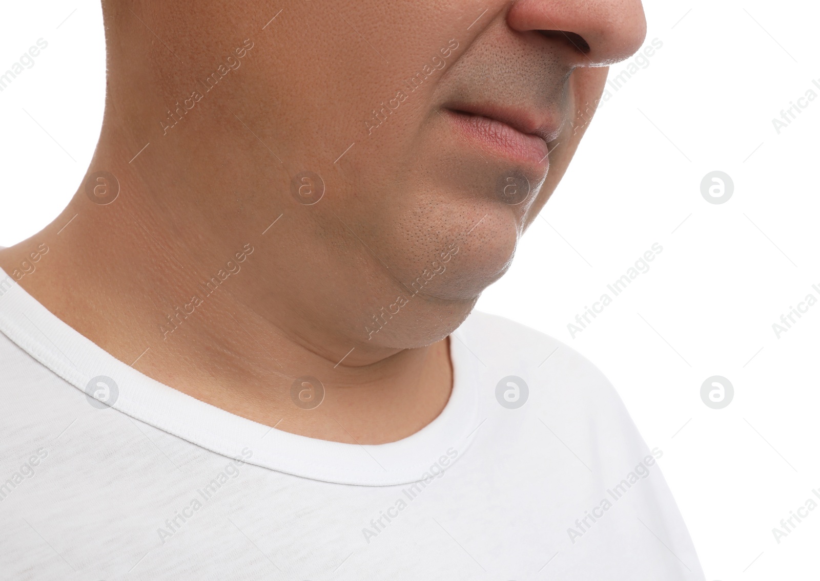 Photo of Mature man with double chin on white background, closeup