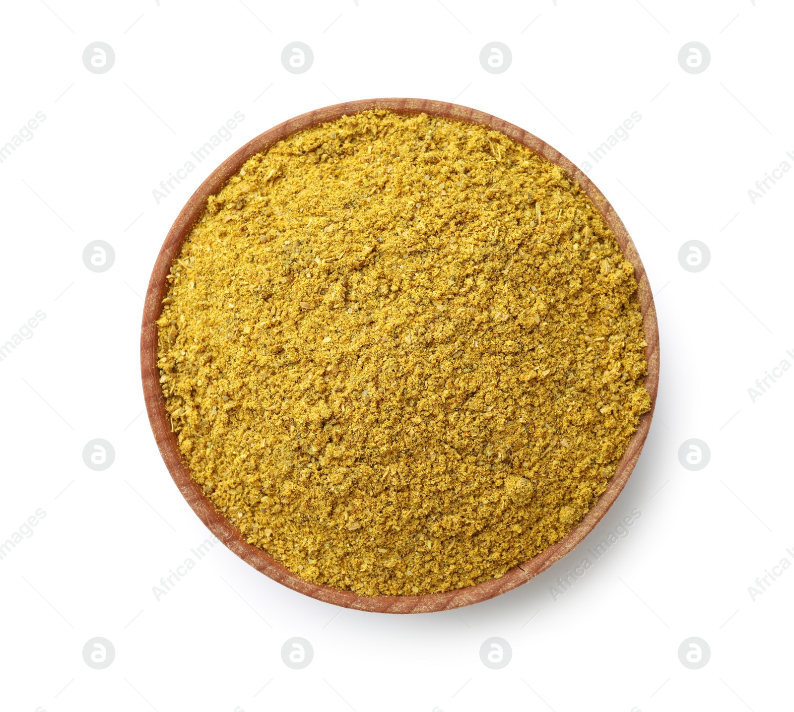 Photo of Wooden bowl with turmeric powder isolated on white, top view