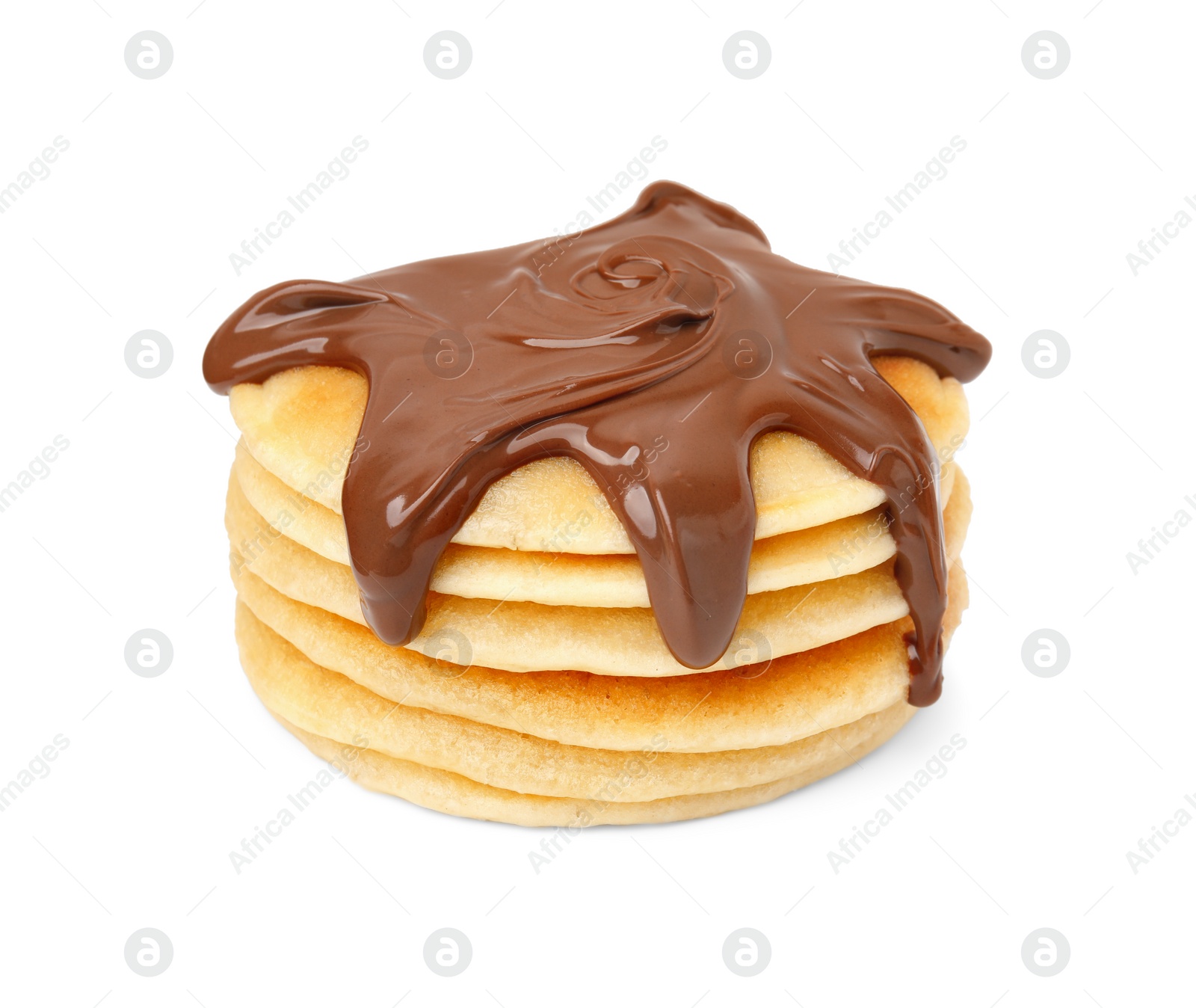 Photo of Stack of tasty pancakes with chocolate spread isolated on white