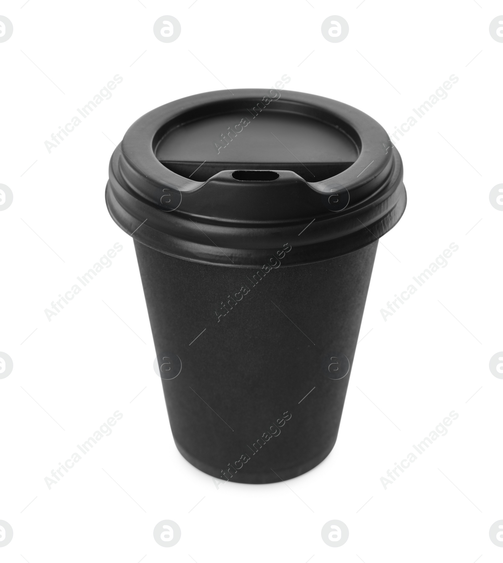 Photo of Black paper cup with plastic lid isolated on white. Coffee to go