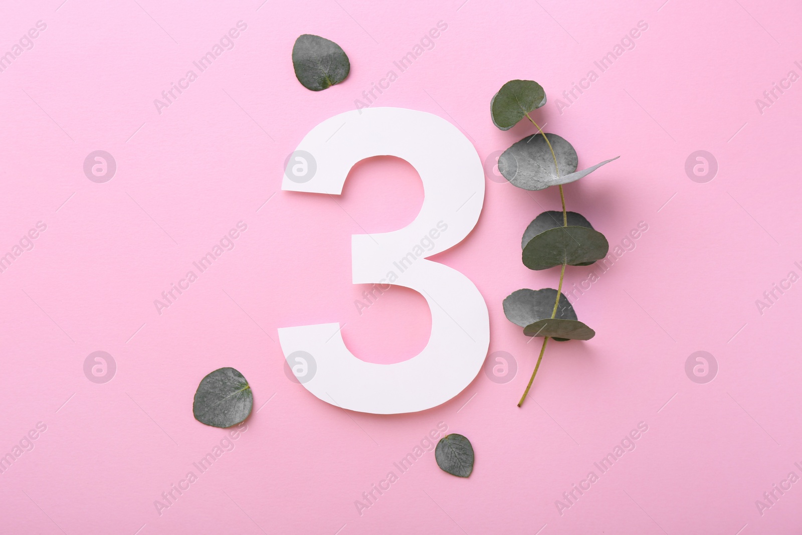 Photo of Paper number 3 and eucalyptus leaves on pink background, flat lay