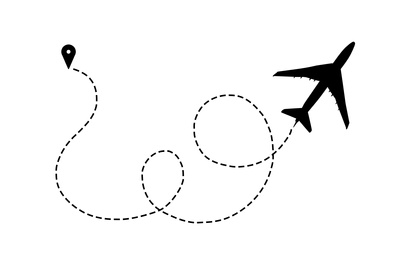 Illustration of Flight direction illustration. Plane silhouette and pin connected by dashed line on white background