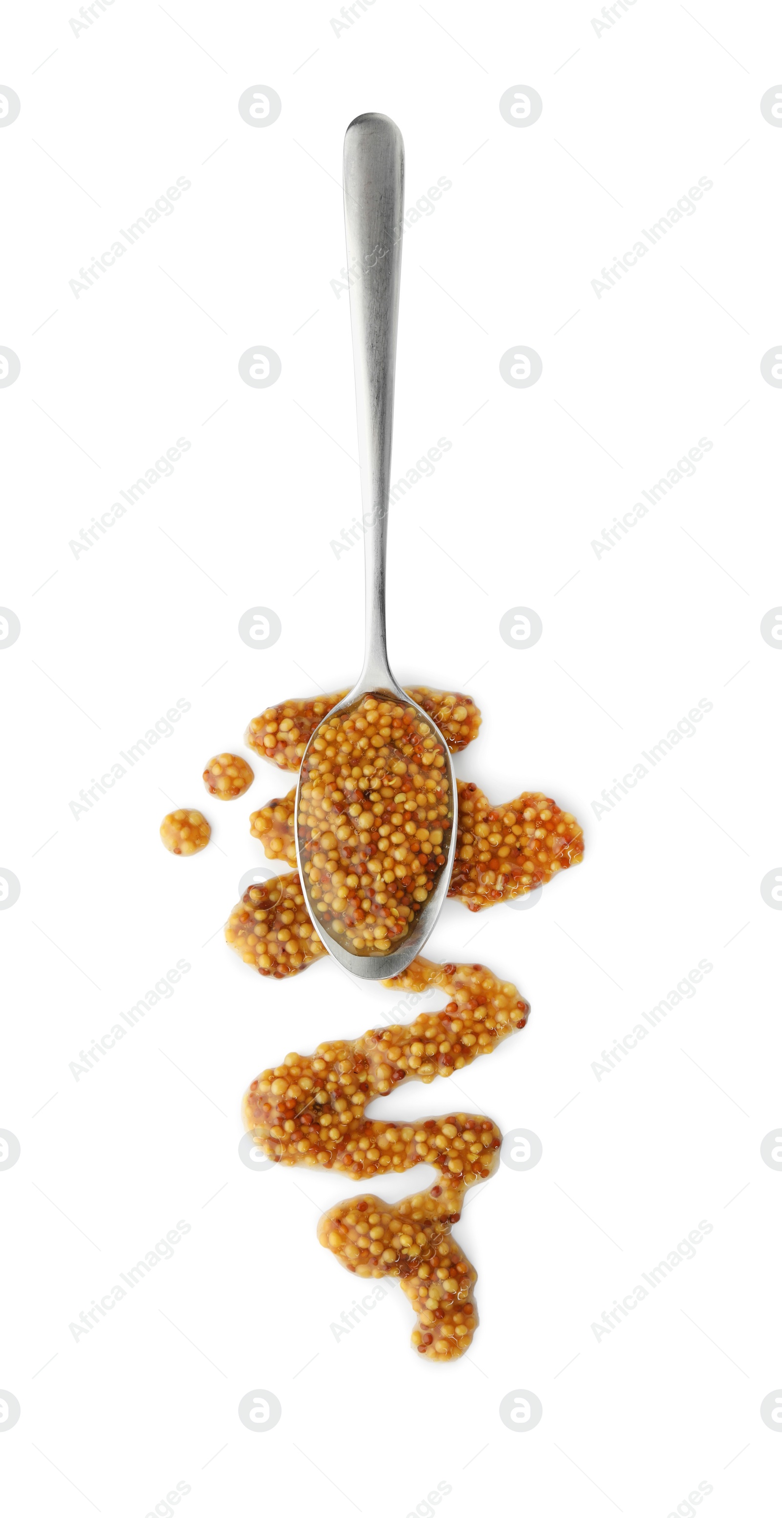 Photo of Fresh whole grain mustard and spoon isolated on white, top view