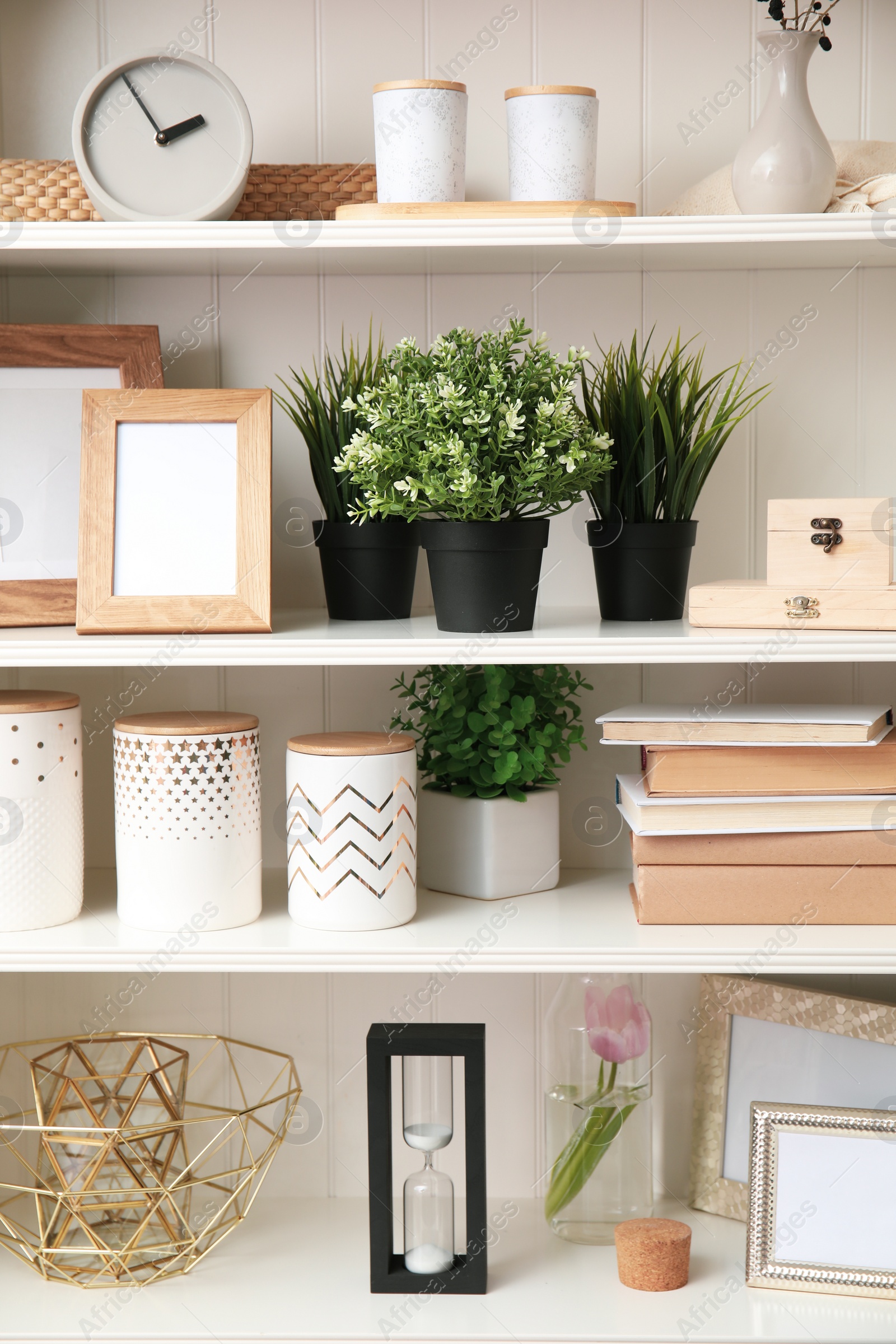 Photo of White shelving unit with plants and different decorative stuff