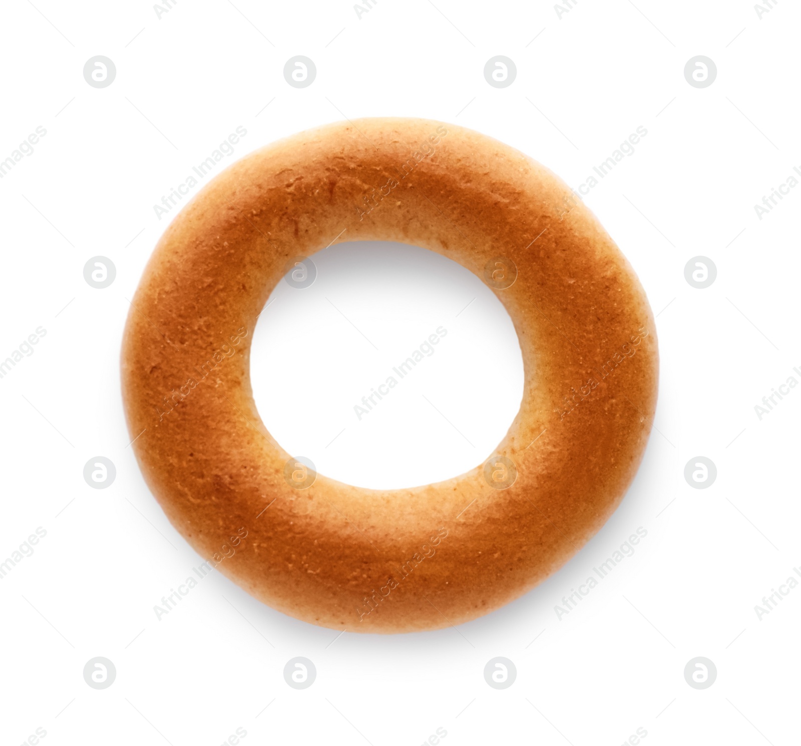 Photo of Tasty dry bagel (sushki) on white background, top view