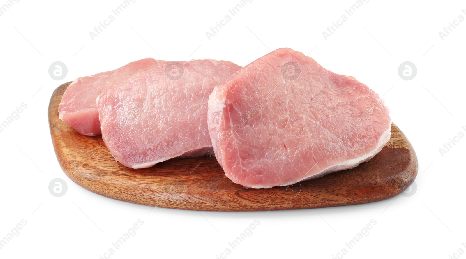 Photo of Wooden board with pieces of raw pork meat isolated on white