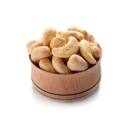 Photo of Tasty cashew nuts in bowl isolated on white