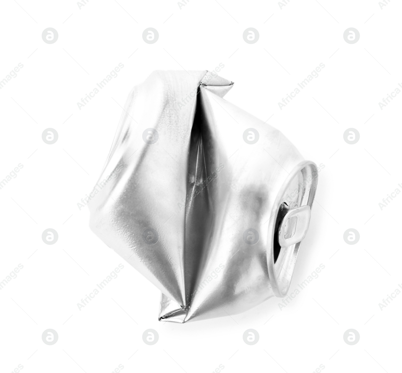 Photo of Crumpled aluminum can on white background, top view. Metal waste recycling