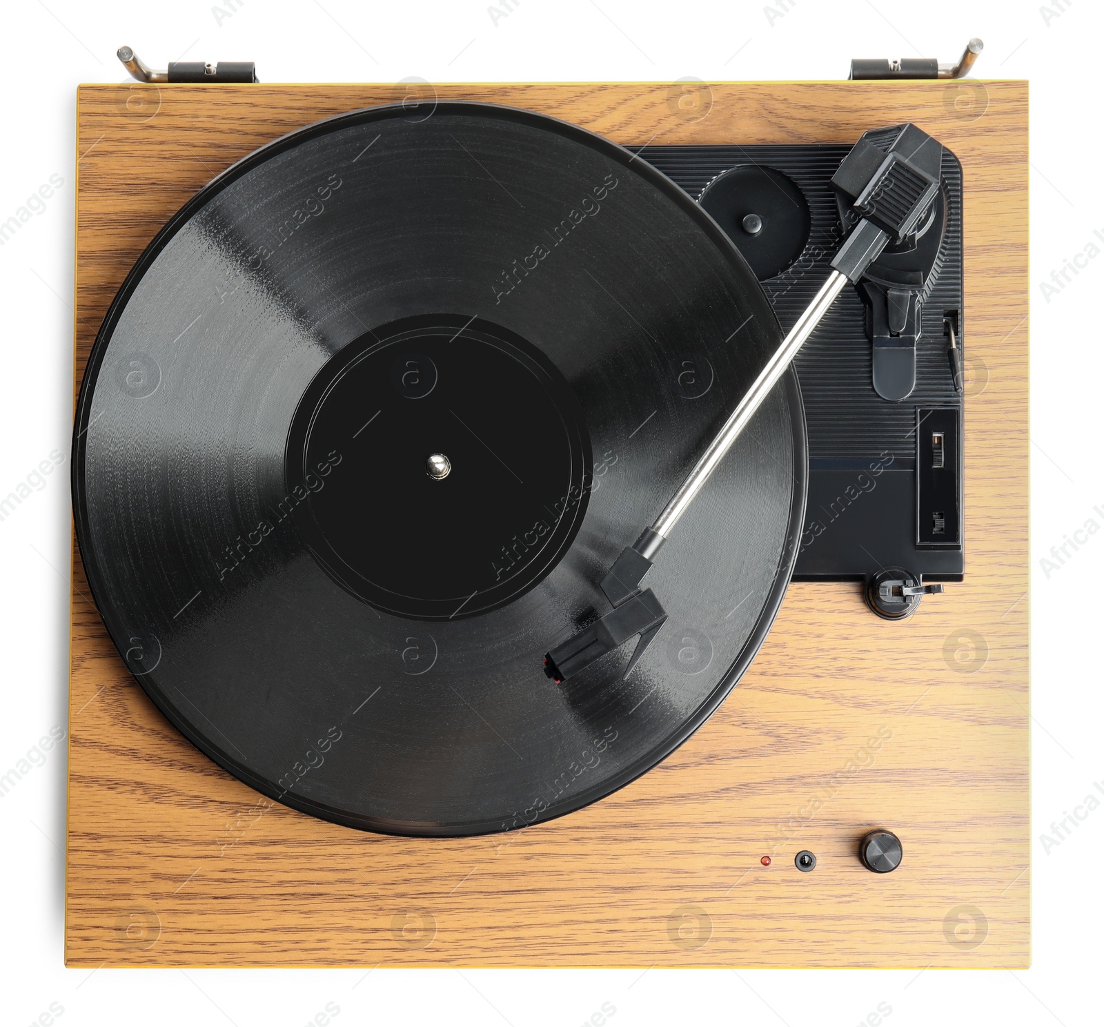 Photo of Modern vinyl record player with disc isolated on white, top view