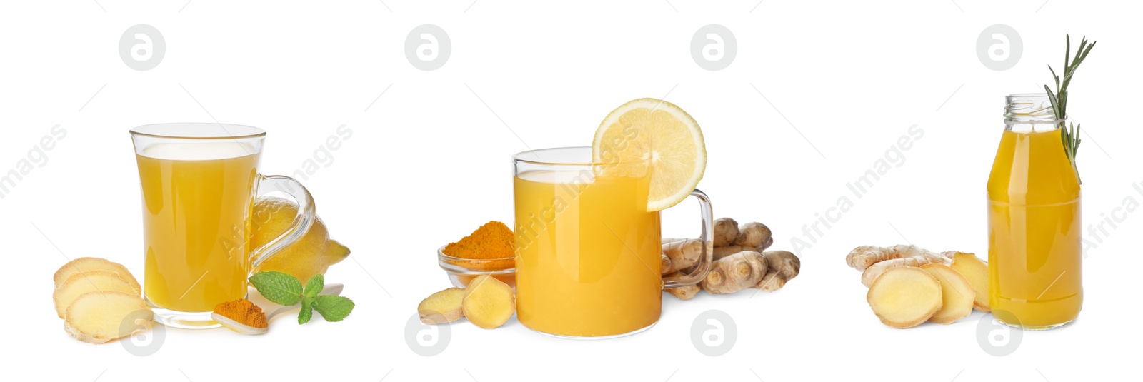 Image of Set of immunity boosting drink with lemon, ginger and turmeric on white background, banner design 