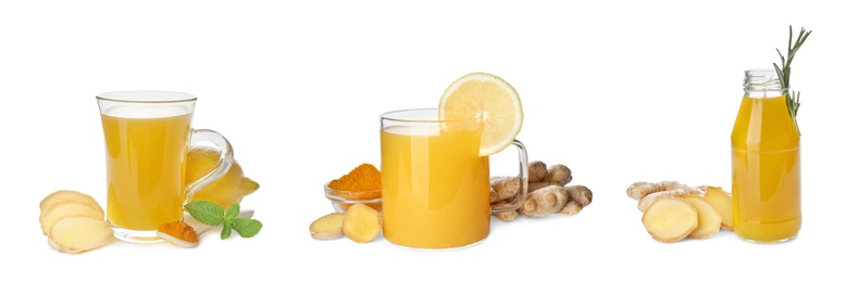 Image of Set of immunity boosting drink with lemon, ginger and turmeric on white background, banner design 