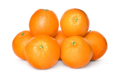 Delicious fresh ripe oranges on white background