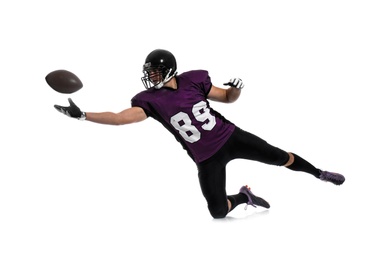 Photo of American football player with ball on white background