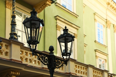 PRAGUE, CZECH REPUBLIC - APRIL 25, 2019: Beautiful lantern on city street