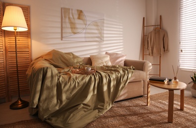 Photo of Comfortable sofa with soft blanket in stylish room interior