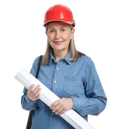 Photo of Architect in hard hat with draft and tube on white background