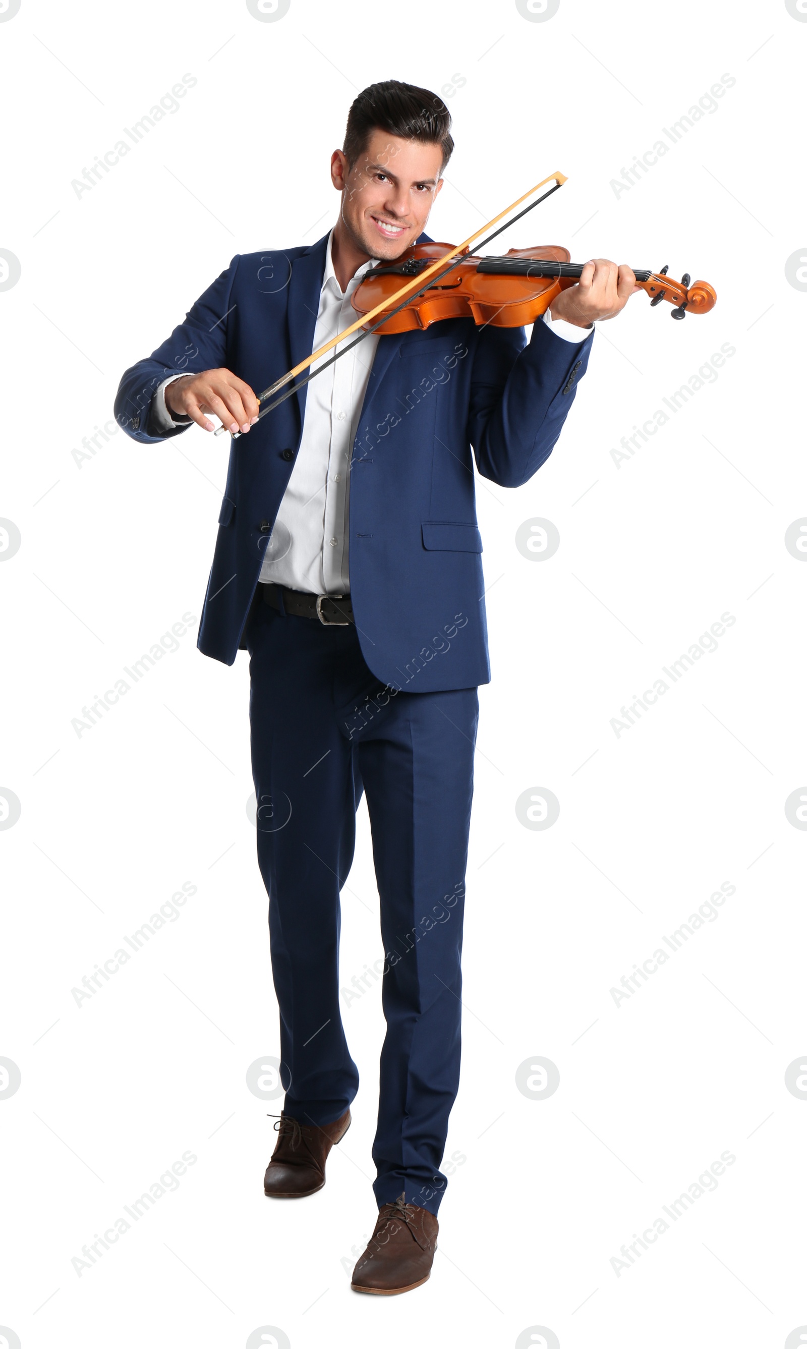 Photo of Happy man playing violin on white background