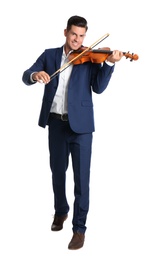 Happy man playing violin on white background