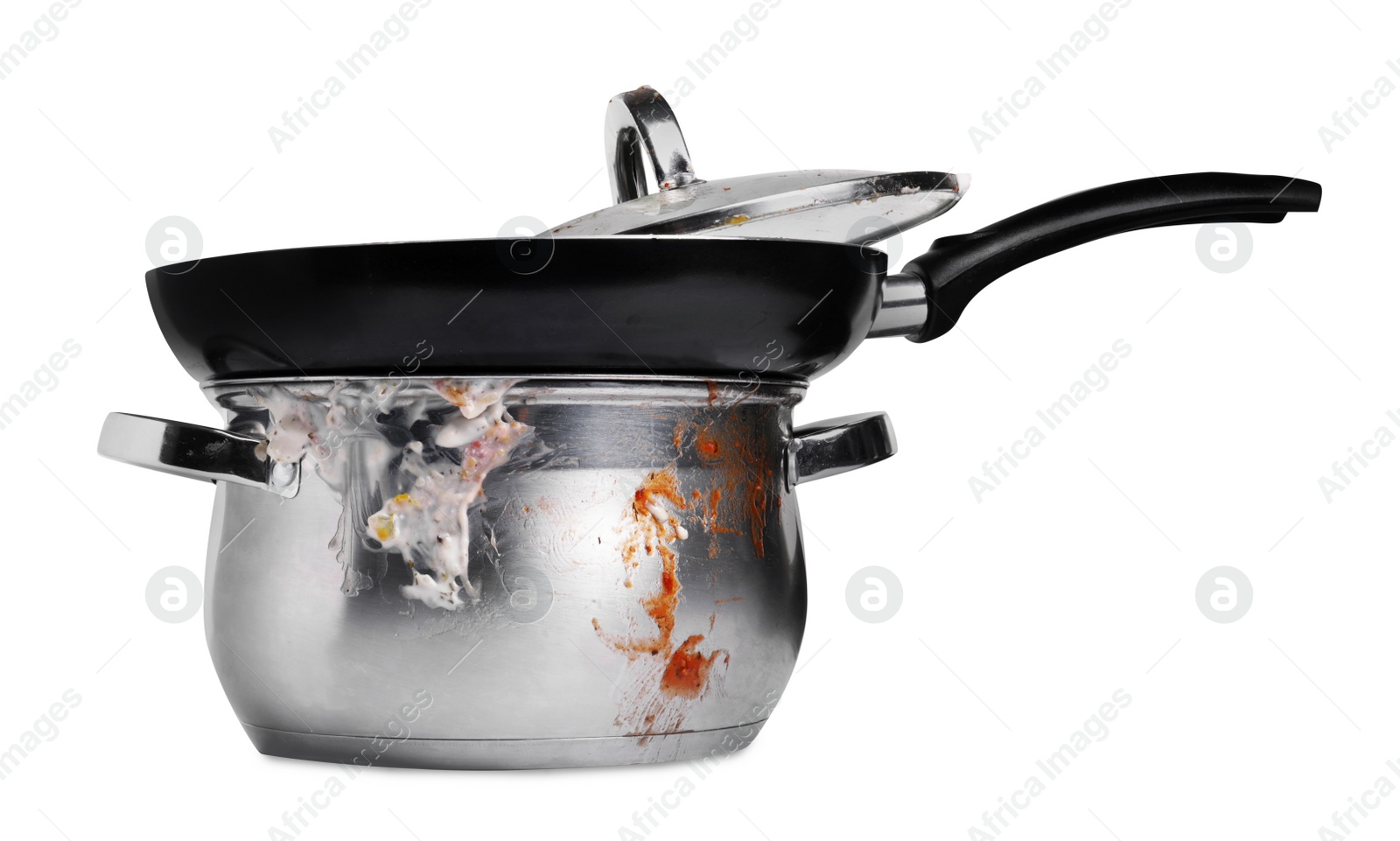 Photo of Stack of dirty kitchenware on white background