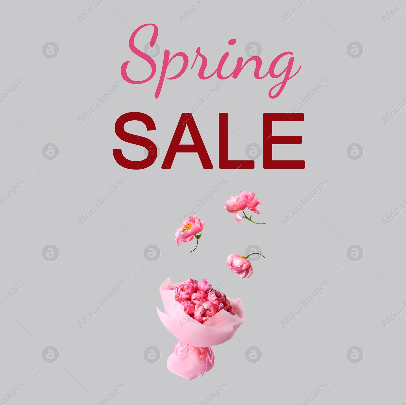 Image of Flyer design with text Spring Sale and pink peonies on light grey background