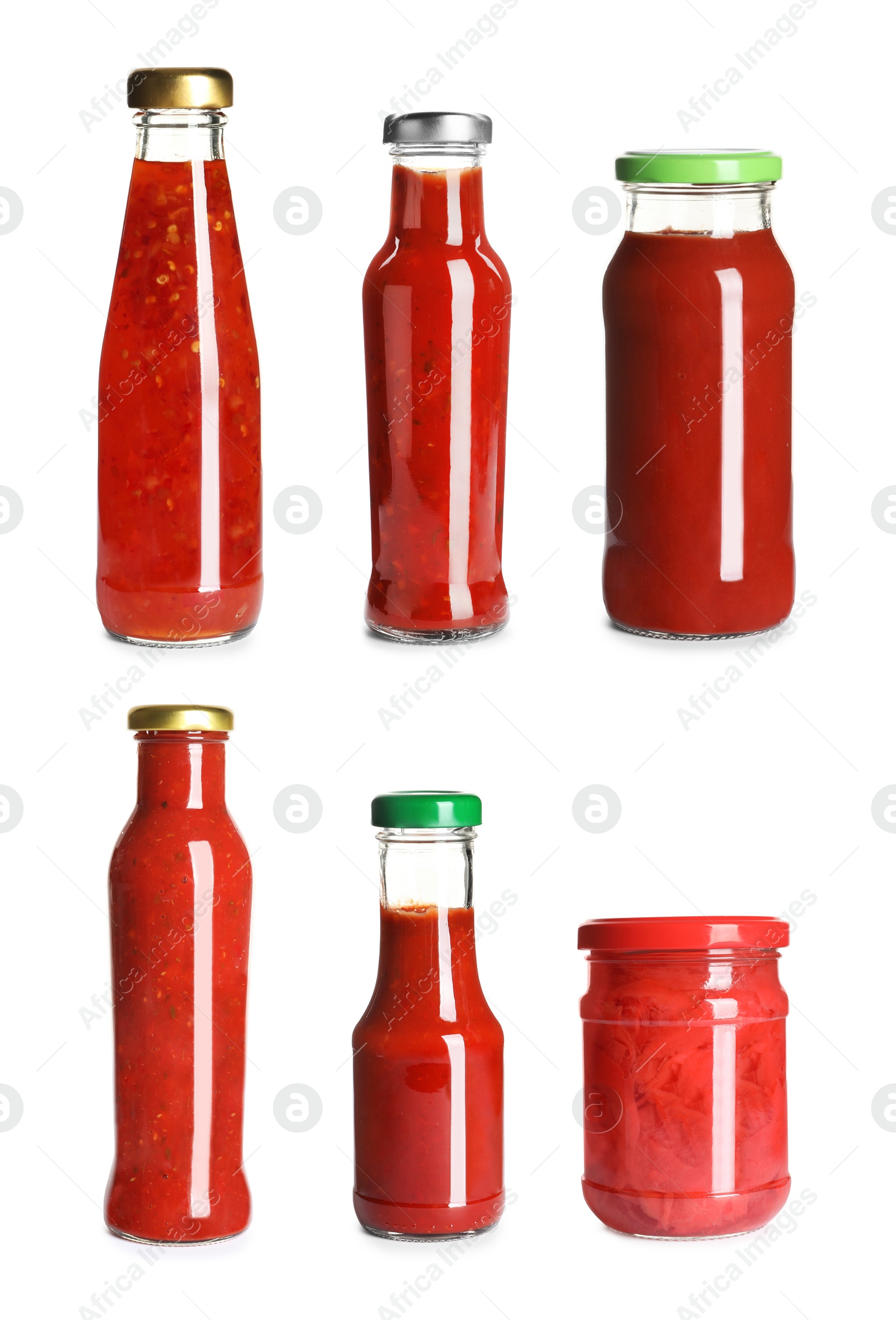 Image of Set with delicious sauces in glassware on white background