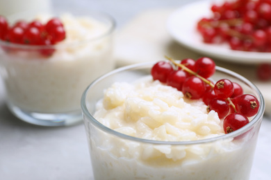 Delicious rice pudding with redcurrant, closeup view