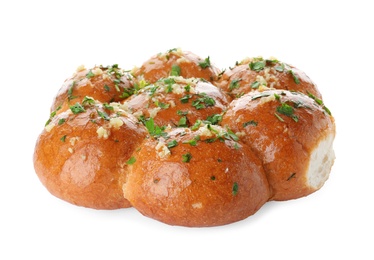 Photo of Traditional Ukrainian garlic bread (Pampushky) on white background