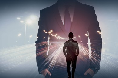 Image of Double exposure of businessmen and highway in night. Leadership concept