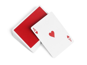 Playing cards and ace of hearts on white background