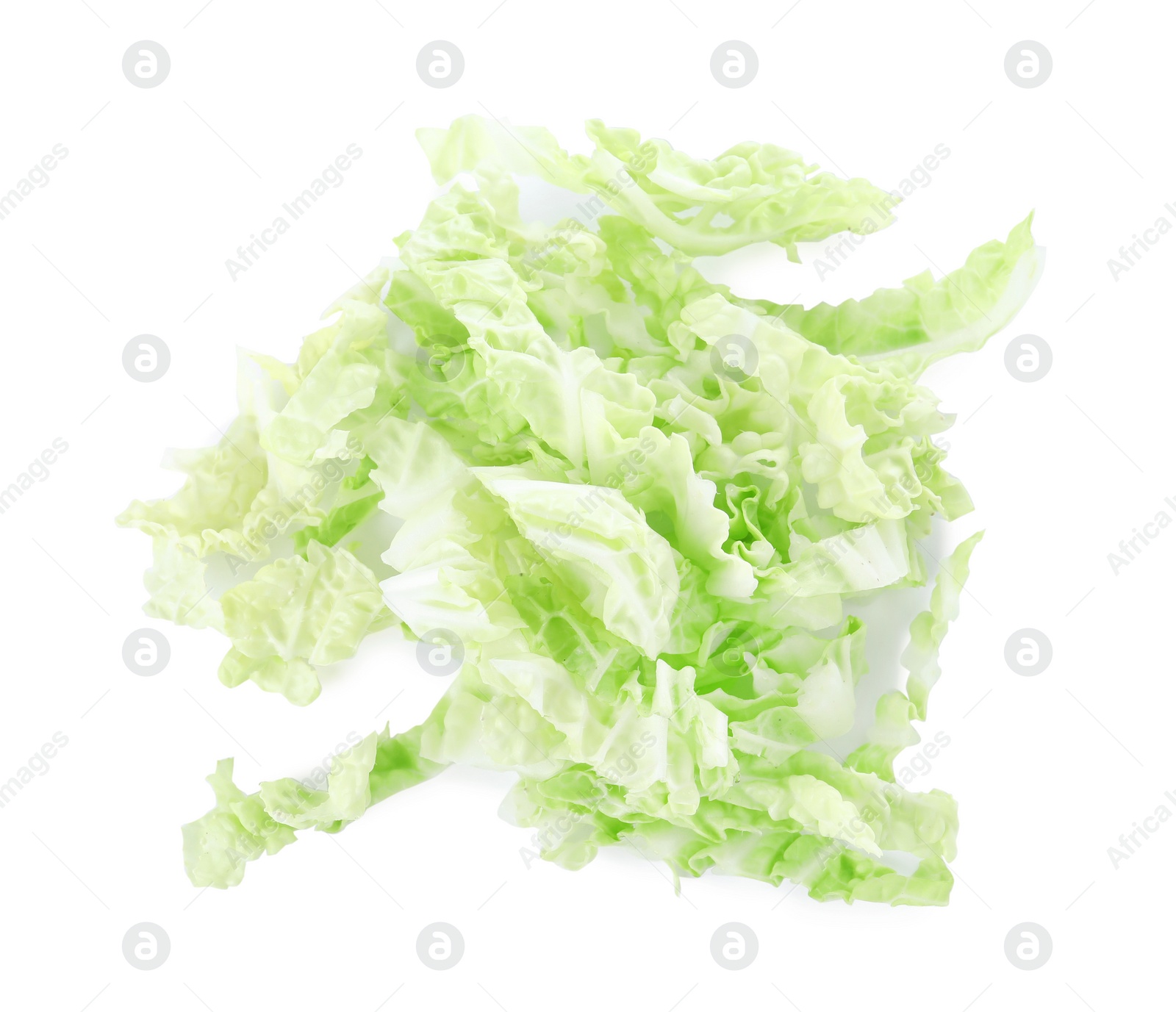 Photo of Fresh chopped Chinese cabbage isolated on white, above view