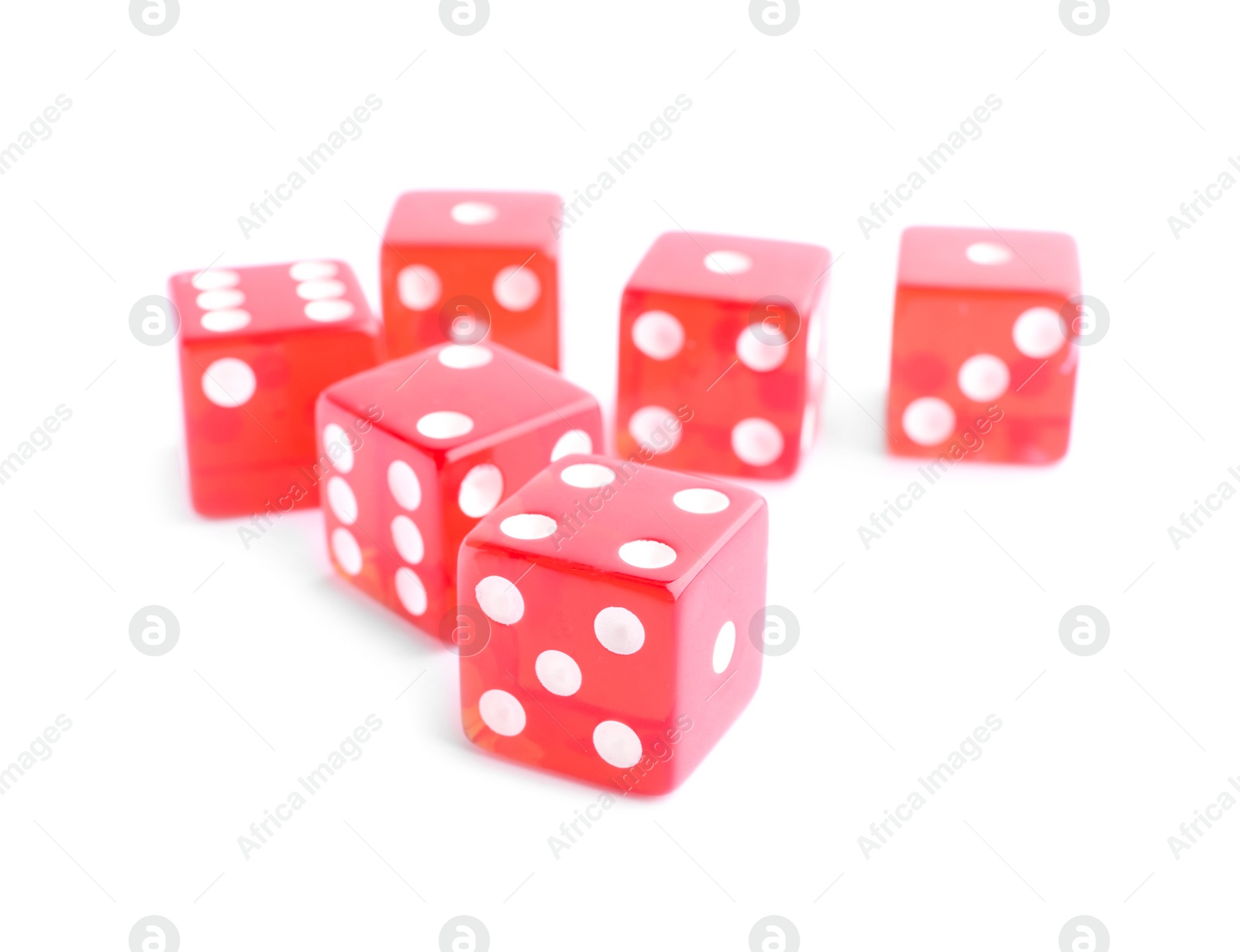 Photo of Many red game dices isolated on white