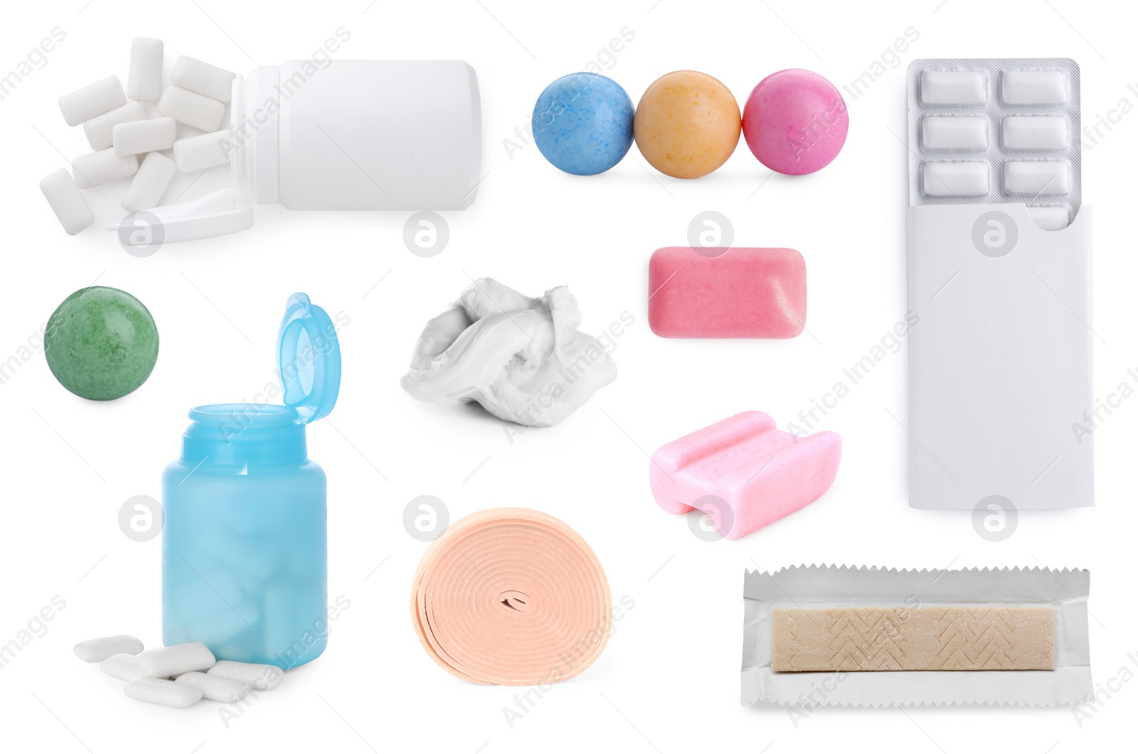 Image of Set of different chewing gums on white background