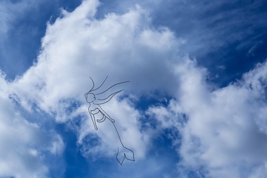 Image of Imagination and creativity. Fluffy cloud resembling mermaid in blue sky, drawn outline