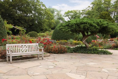 Photo of Stylish wooden bench in beautiful garden on sunny day