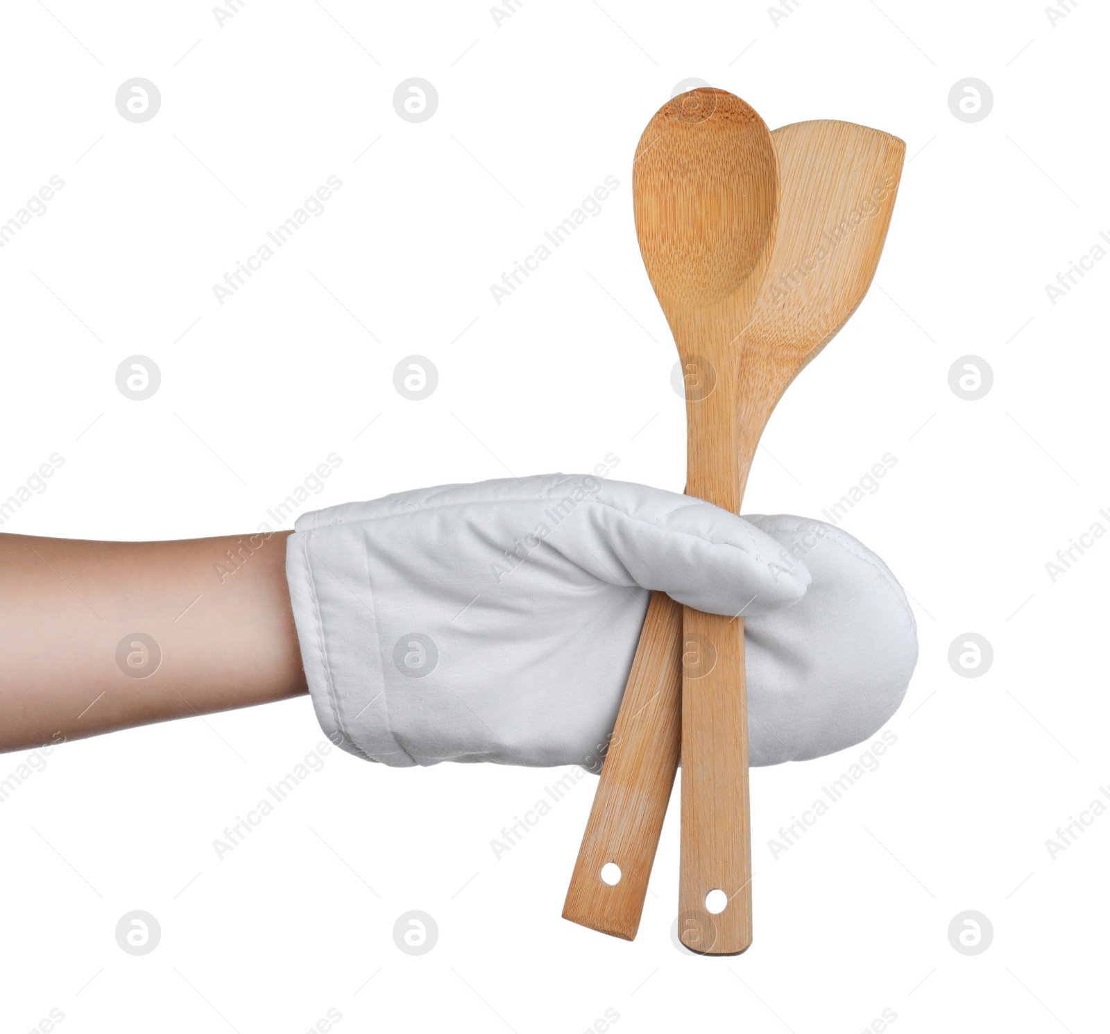 Photo of Chef in oven glove holding utensils on white background, closeup