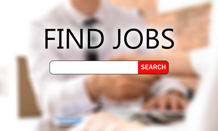 Image of Job hunting. Search bar and people shaking hands on background