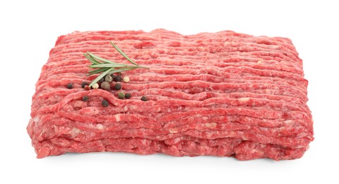 Photo of Raw ground meat, rosemary and peppercorns isolated on white