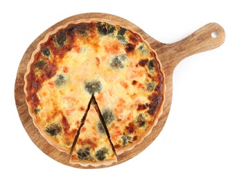 Delicious homemade quiche with salmon and broccoli isolated on white, top view