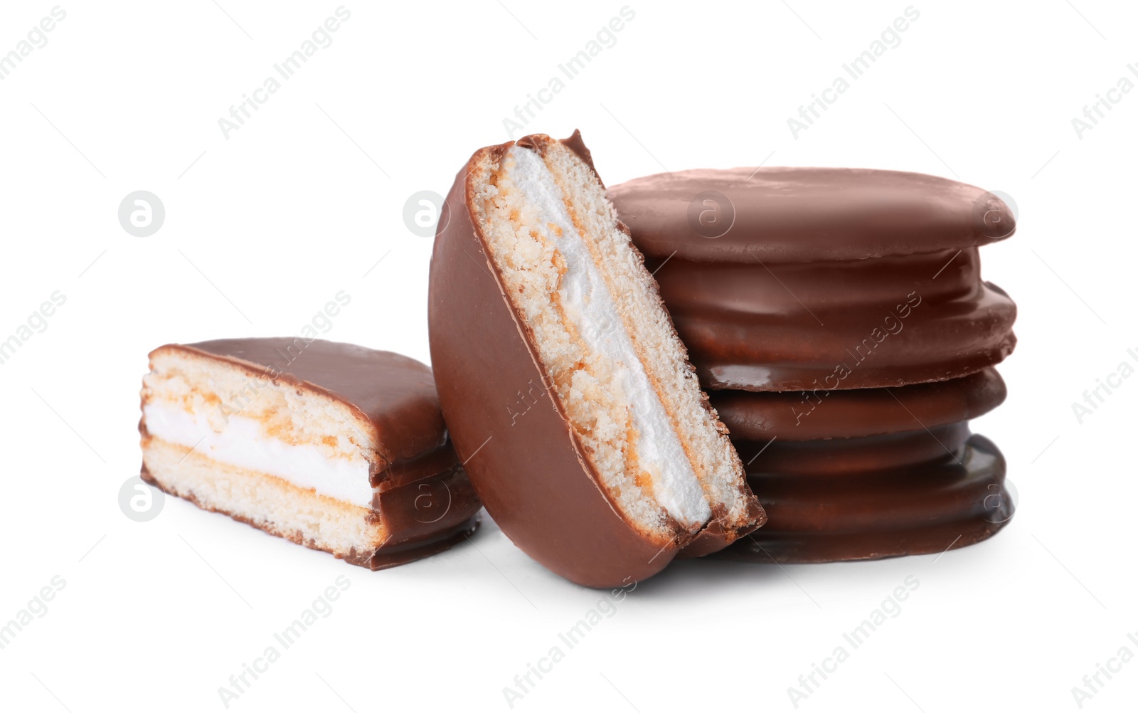 Photo of Delicious choco pies on white background. Classic snack cakes