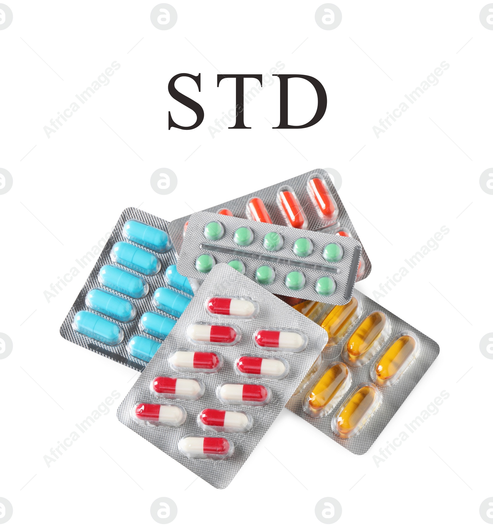 Image of Different pills and abbreviation STD on white background