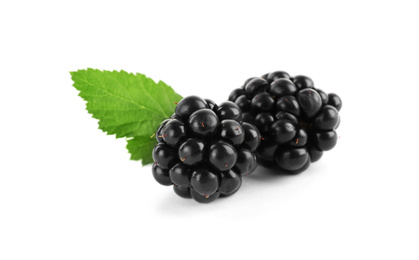 Photo of Tasty ripe blackberries and leaf on white background